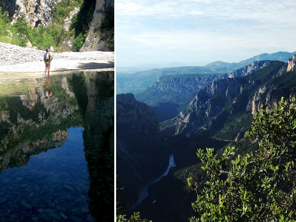 vue sur le canyon et rivière des gorges du Verdon miroir, falaises vertigineuses