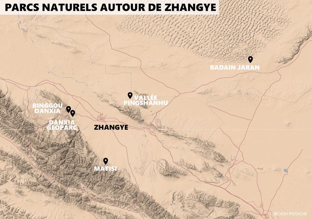 Carte Zhangye Danxia et les incontournables