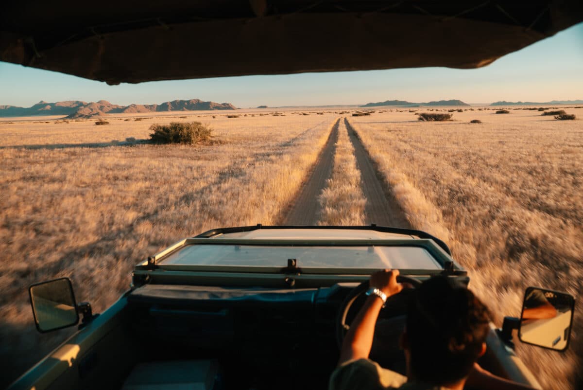 Longue piste traversant la savane en Namibie