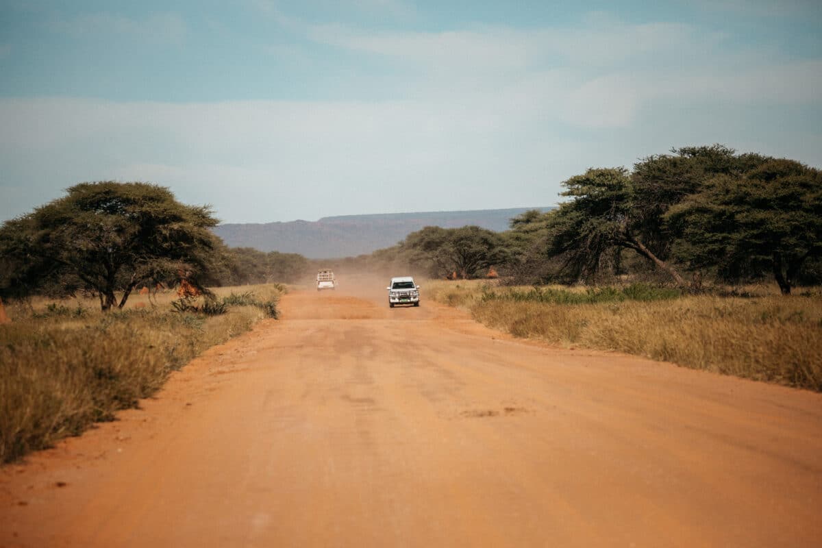 Route de gravier traversant la savane avec un véhicule au loin
