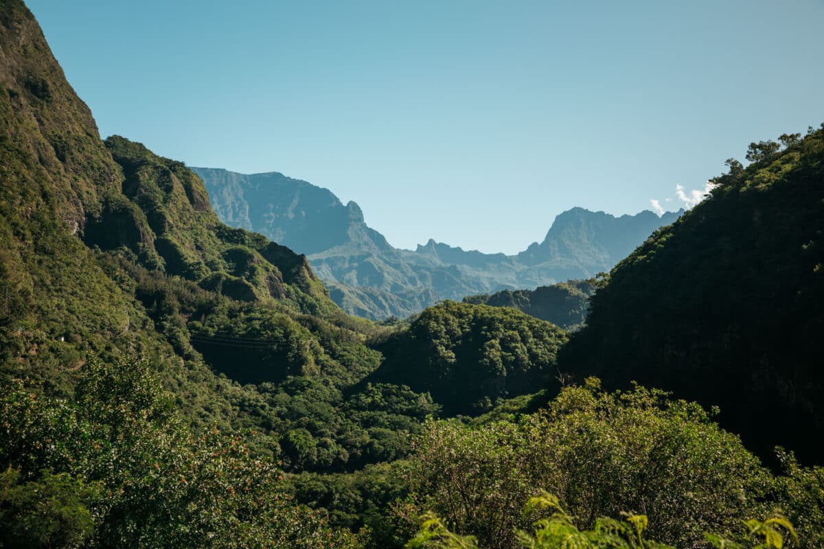 Crêtes découpées et remparts couverts de forêt au centre de La Réunion, sous un ciel dégagé